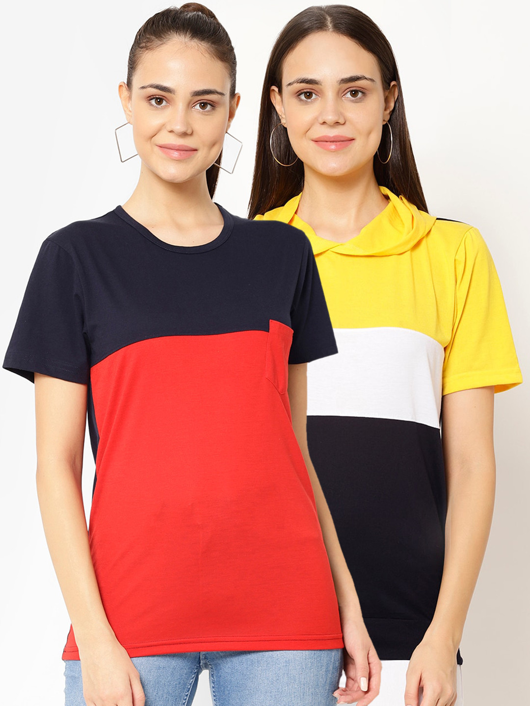 

VIMAL JONNEY Women Pack of 2 Coloublocked T-shirts, Black