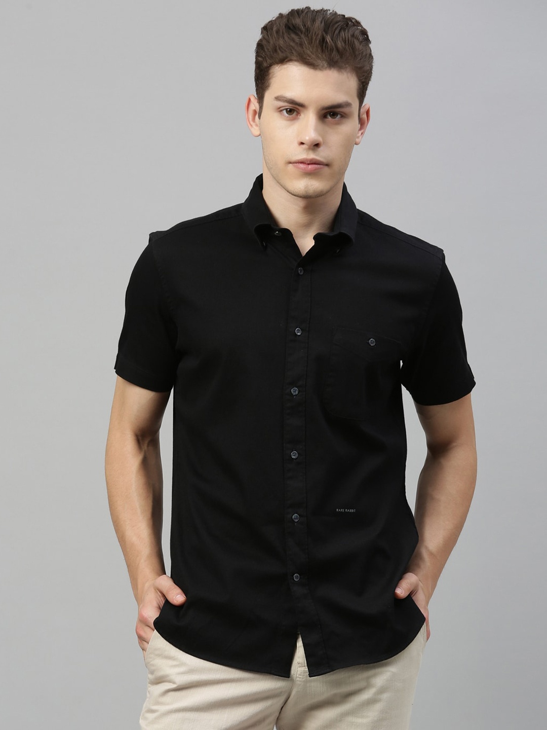 

RARE RABBIT Men Black Tailored Fit Solid Casual Shirt
