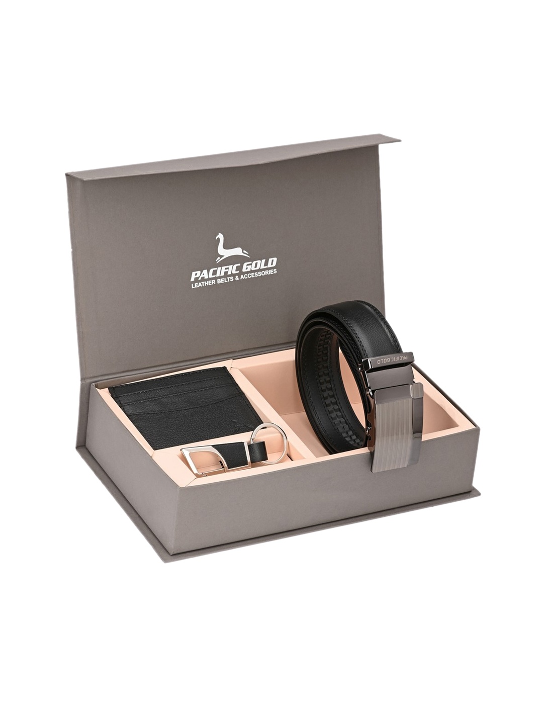 

Pacific Gold Men Black & Silver-Toned Genuine Leather Accessory Gift Set