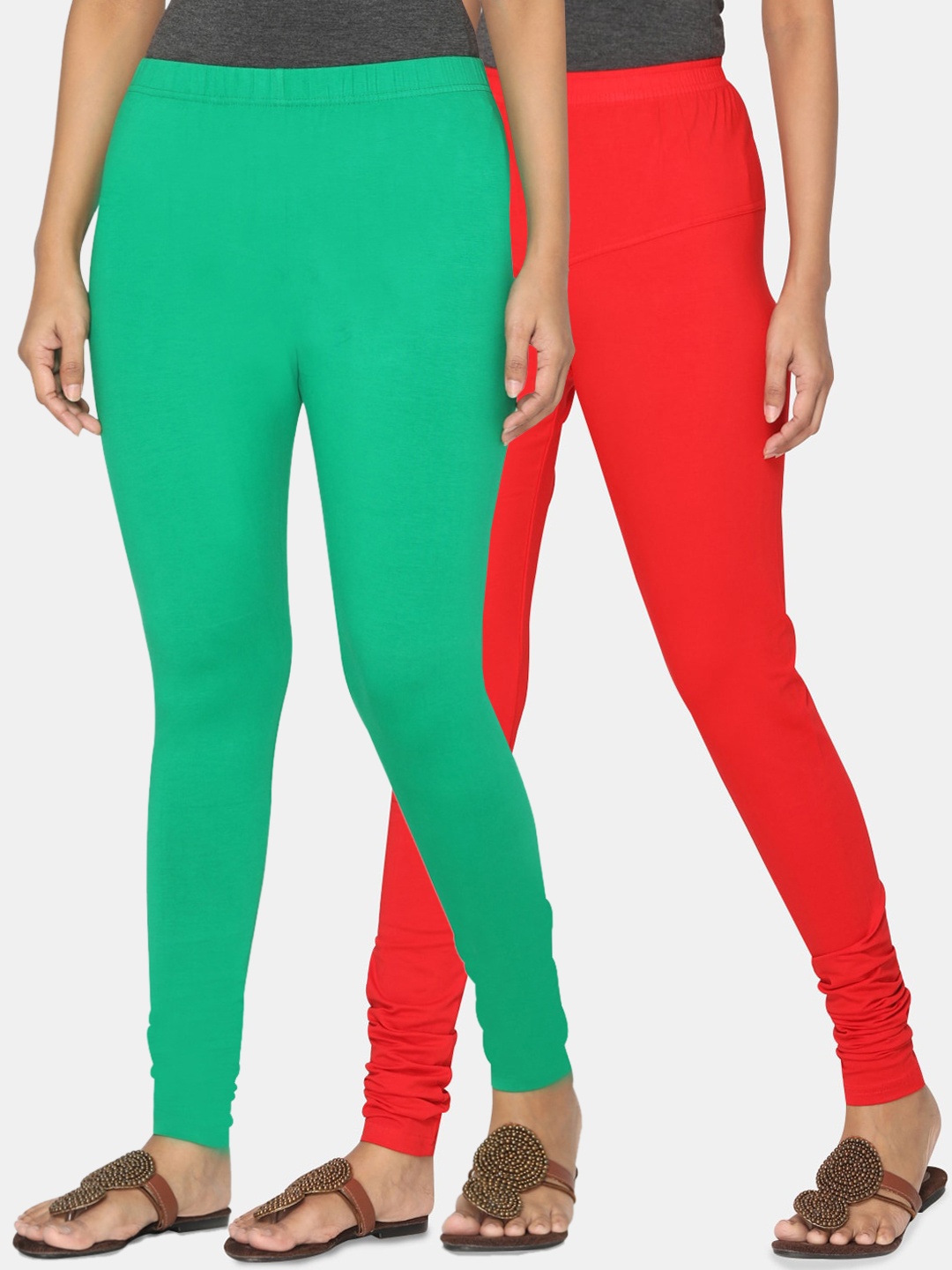 

TSG Bliss Women Pack Of 2 Red & Green Solid Churidar Leggings
