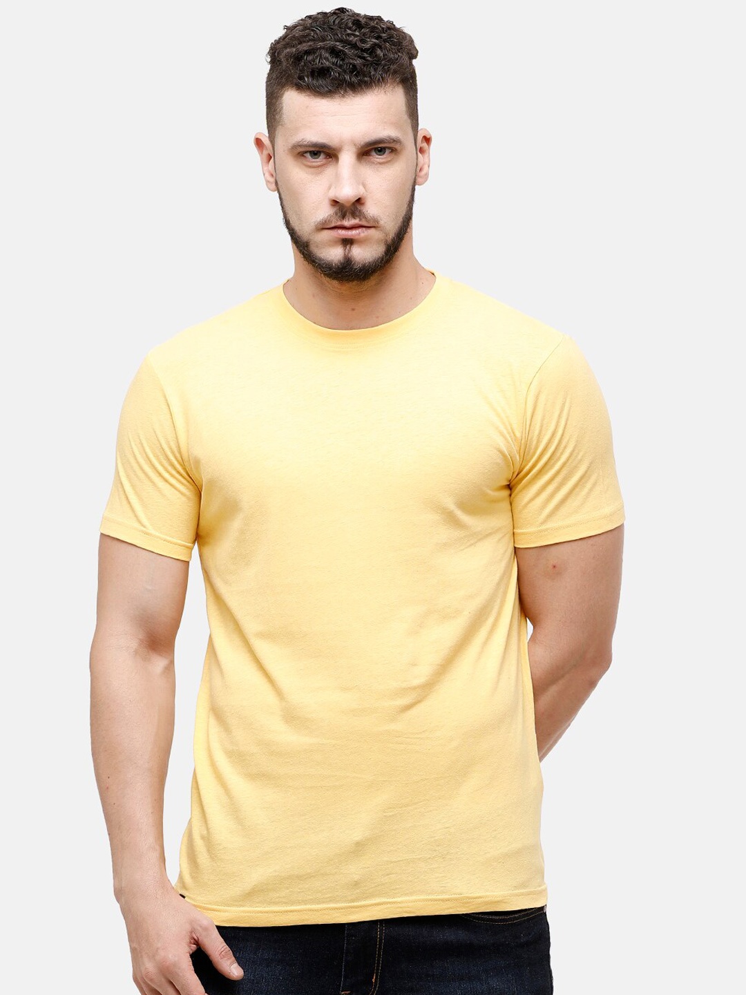 

CAVALLO by Linen Club Men Yellow Linen Cotton Solid Round Neck T-shirt