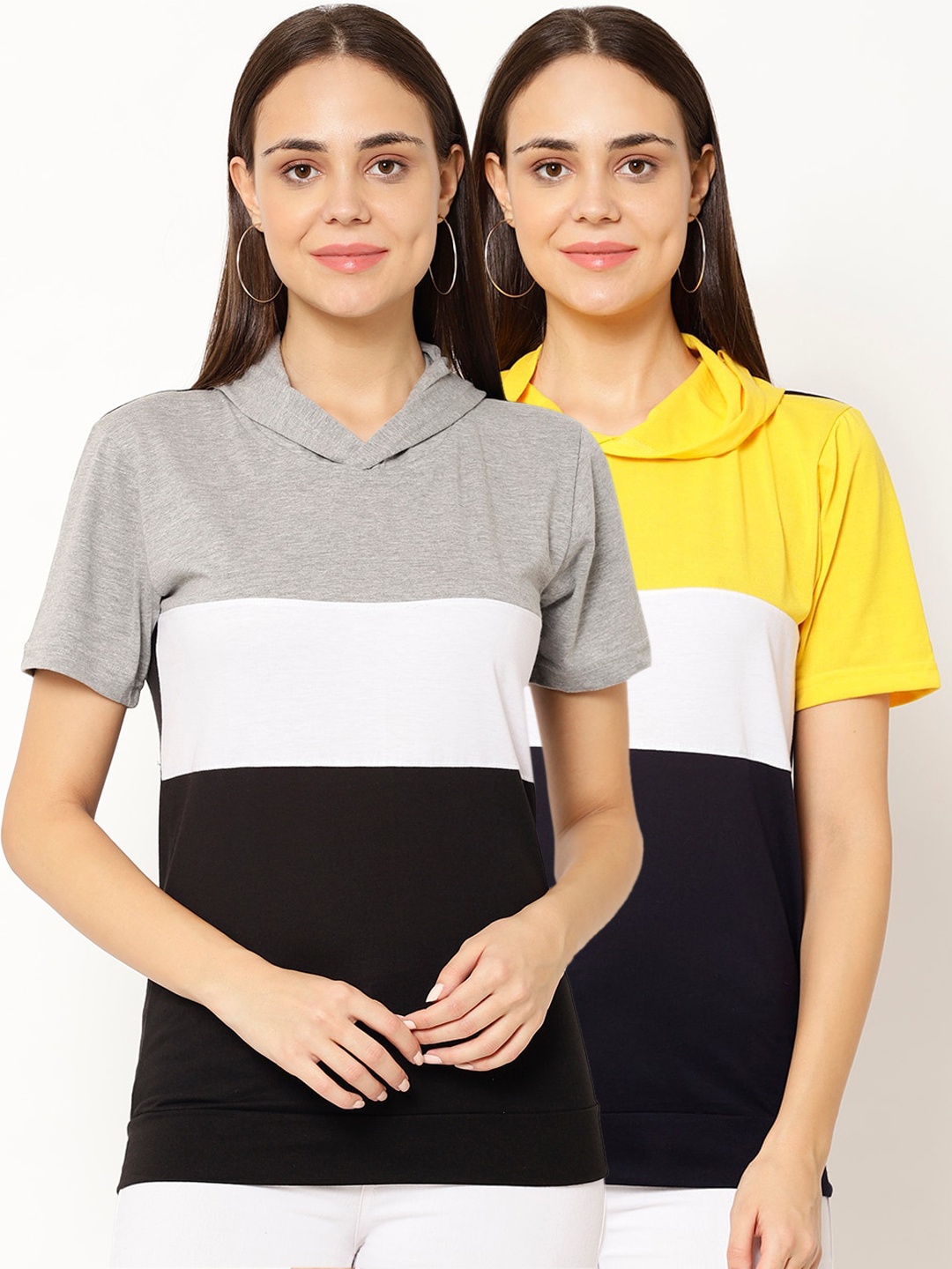 

VIMAL JONNEY Women Pack of 2 Colourblocked Hooded T-shirts, Multi