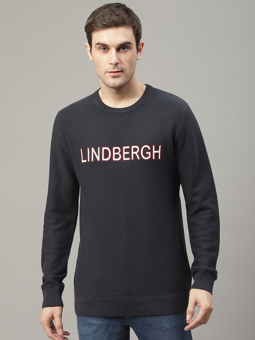 

LINDBERGH Men Navy Blue Solid Logo Embroidered Pullover Sweater