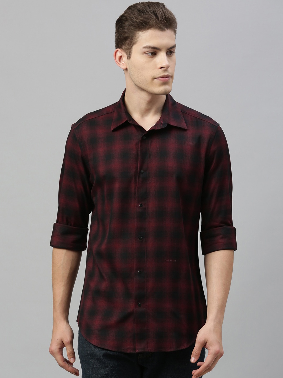 

RARE RABBIT Men Maroon & Black Tailored Fit Checked Casual Shirt