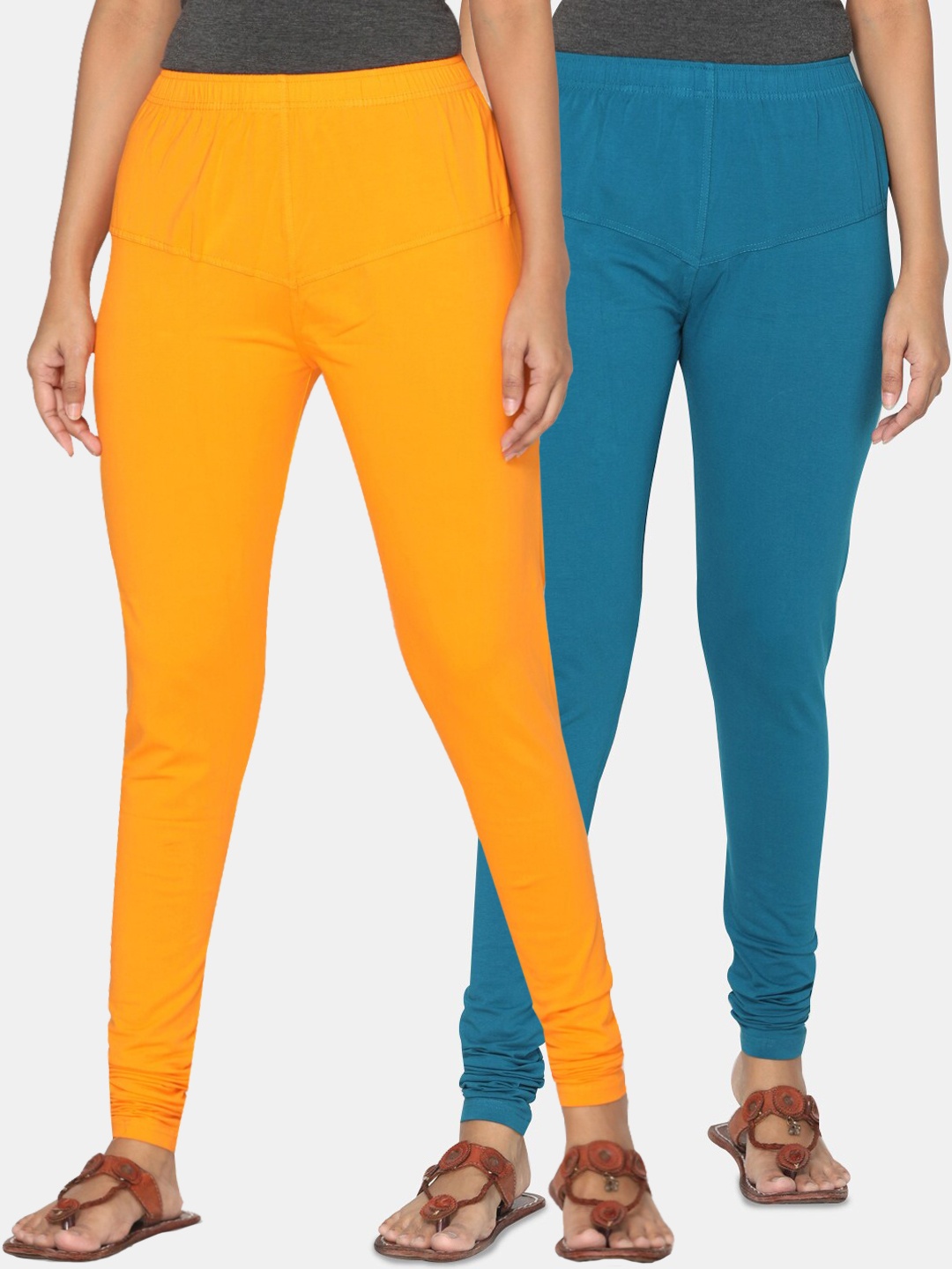 TSG Bliss Women Pack Of 2 Orange & Blue Solid Churidar-Length leggings