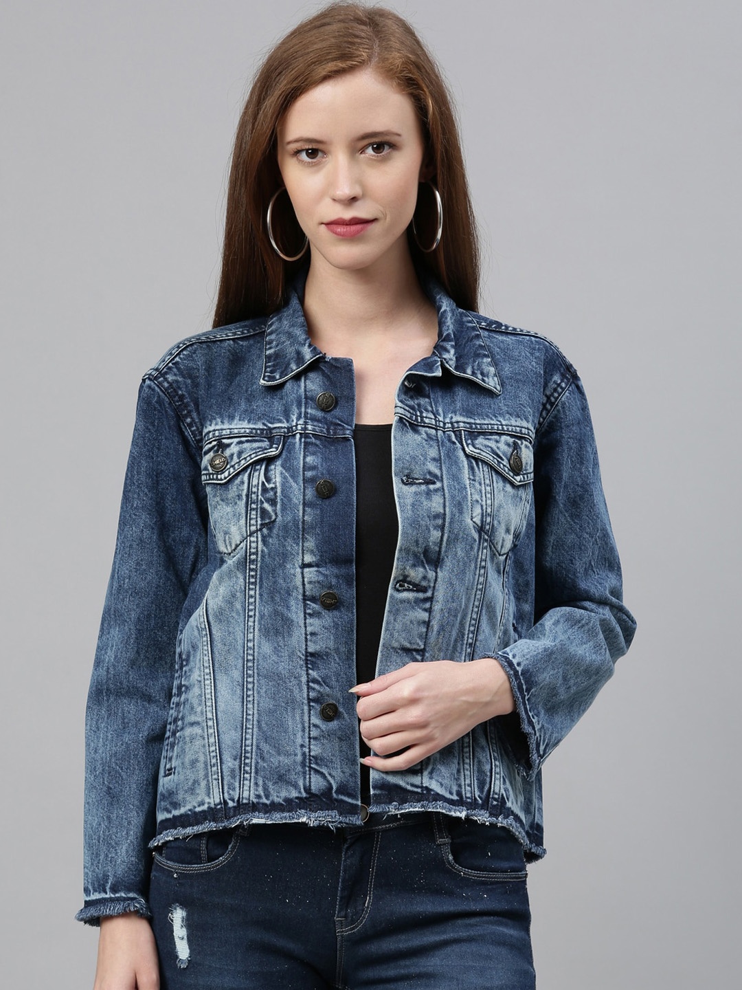 

ZHEIA Women Blue Solid Denim Jacket