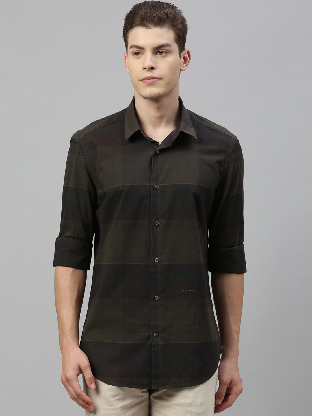 

RARE RABBIT Men Olive Green Tailored Fit Striped Casual Shirt