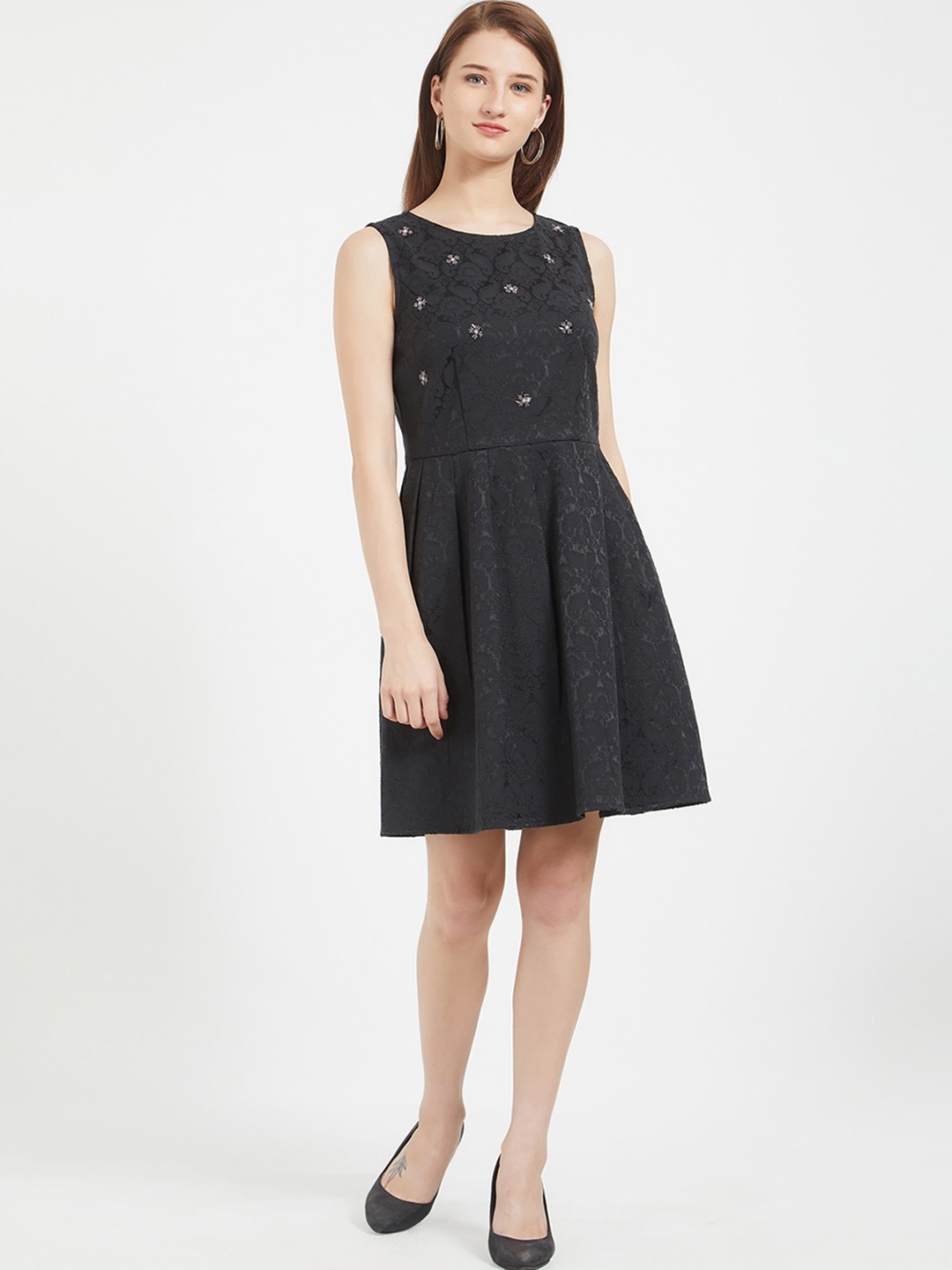 

109F Women Black Self Design Fit and Flare Dress