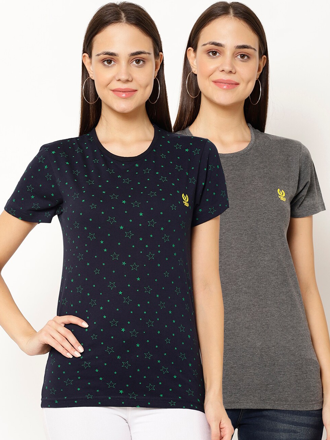 

MACK JONNEY Women Pack Of 2 Solid Round Neck T-shirt, Multi
