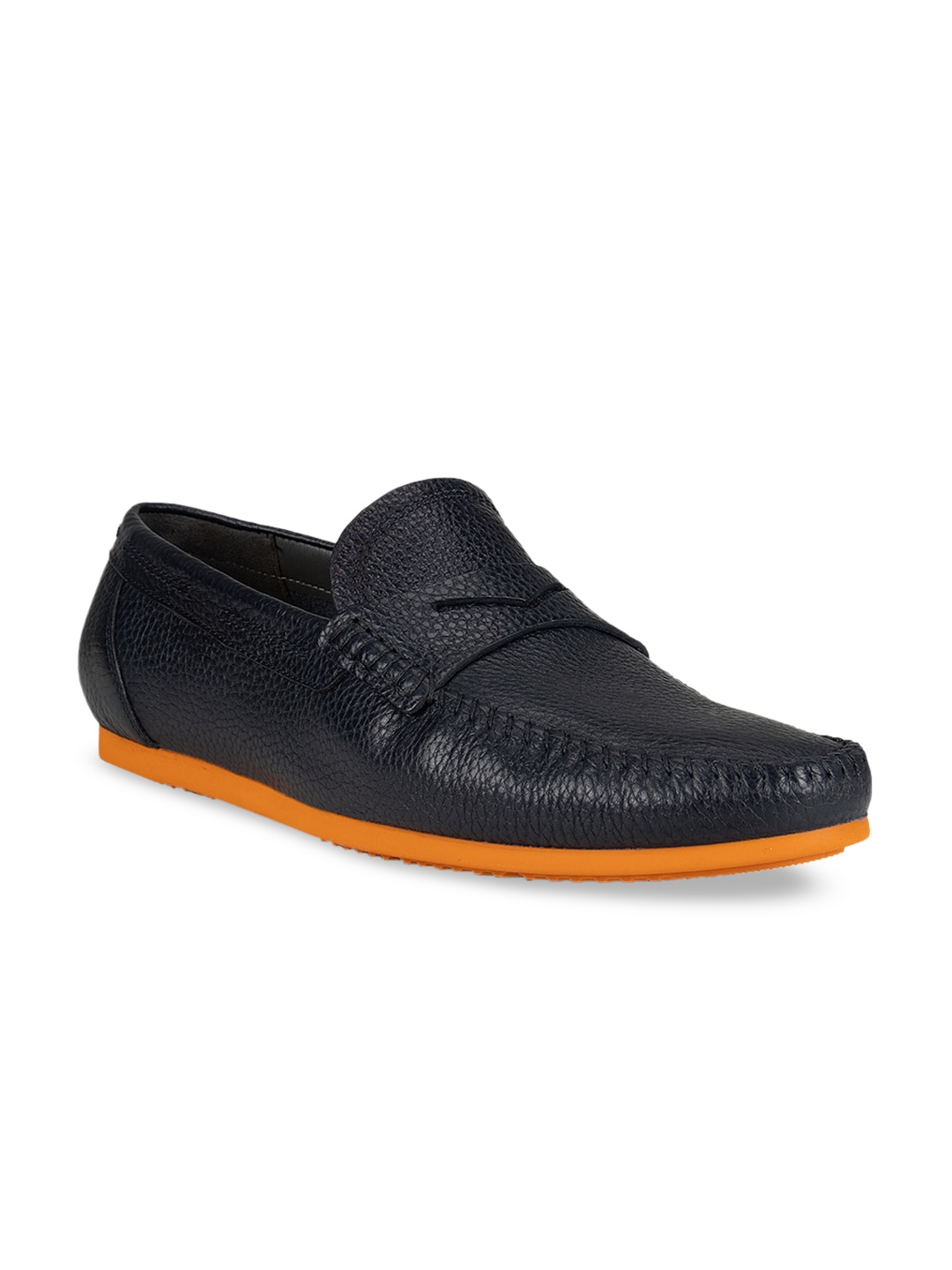 ROSSO BRUNELLO Men Navy Blue Solid Leather Formal Loafers