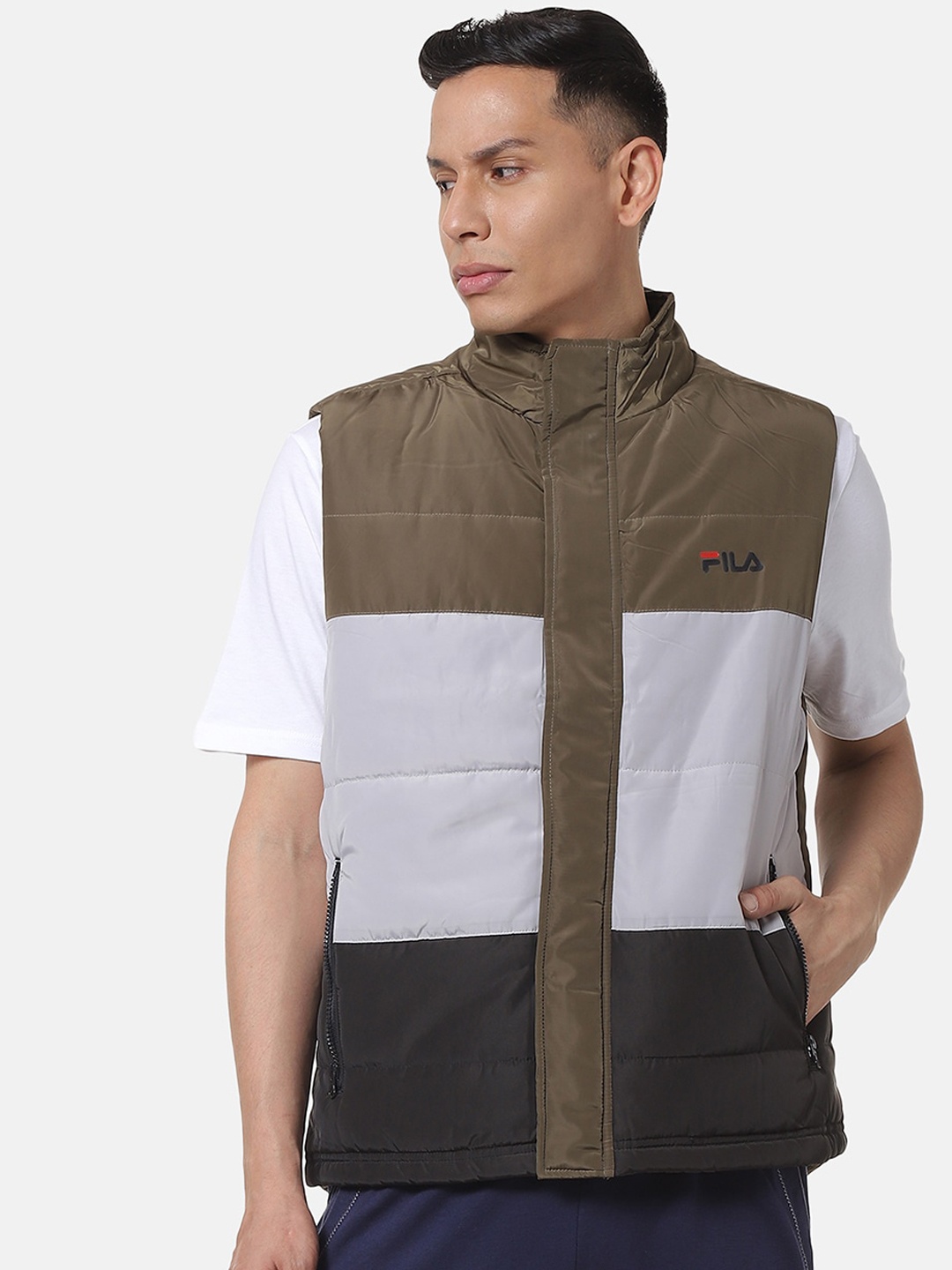 

FILA Men Olive Green & Grey Colourblocked Bomber Jacket