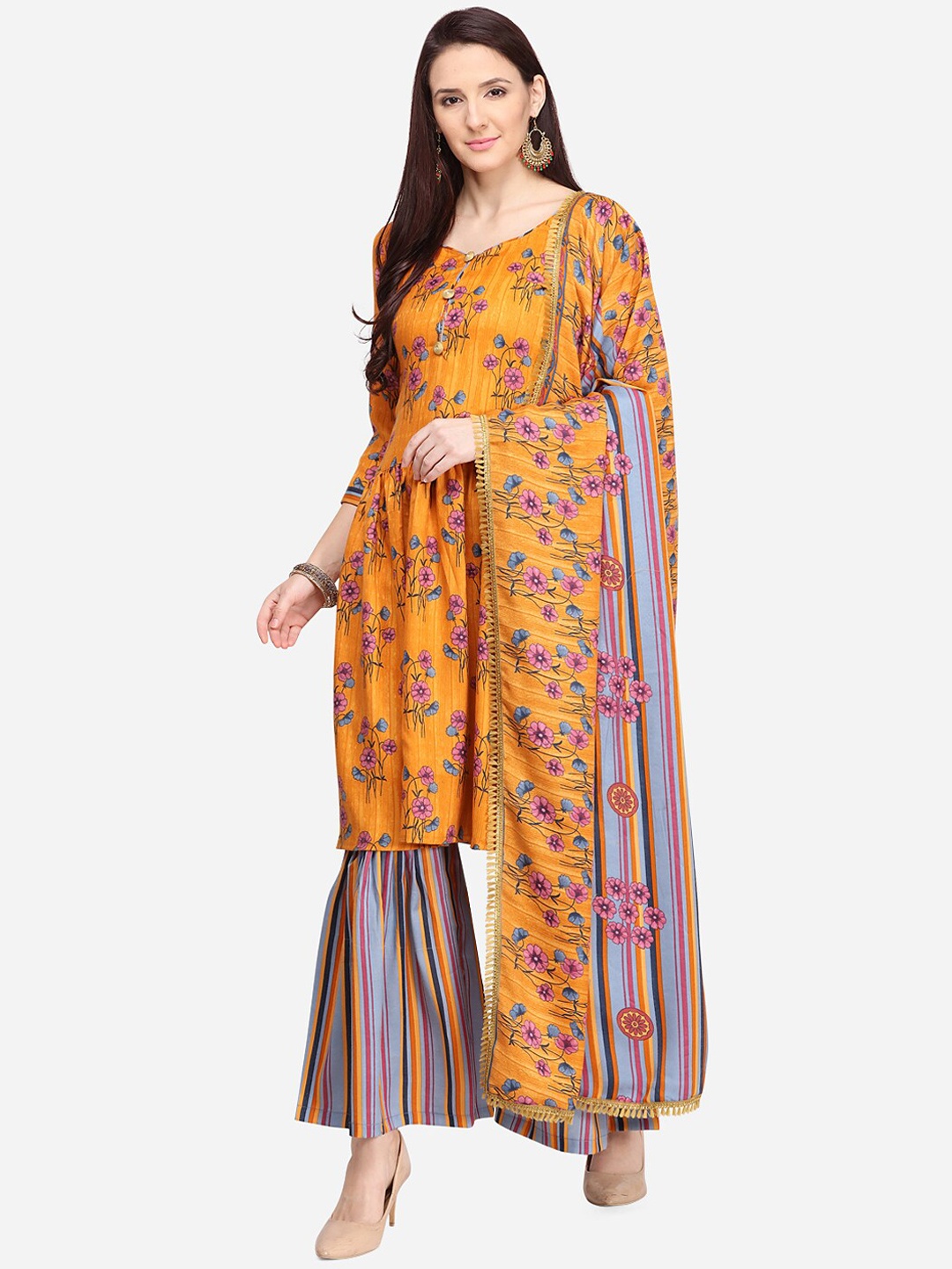 

SHAVYA Mustard Yellow & Pink Printed Unstitched Dress Material