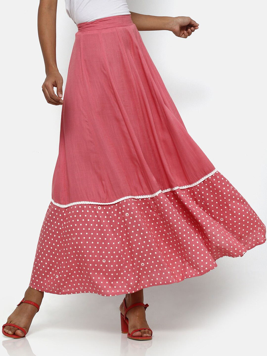 

Saaki Women Pink & White Printed Flared Maxi Skirt