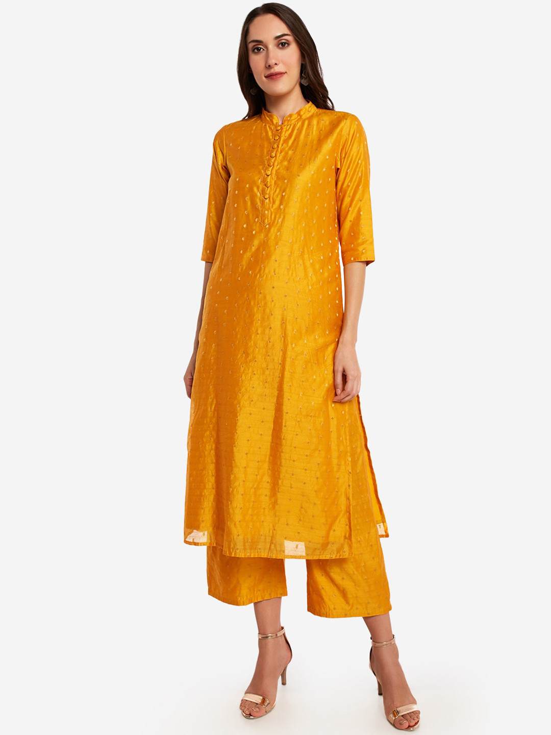 

Desi Weavess Women Mustard Yellow Self Design Kurta with Trousers