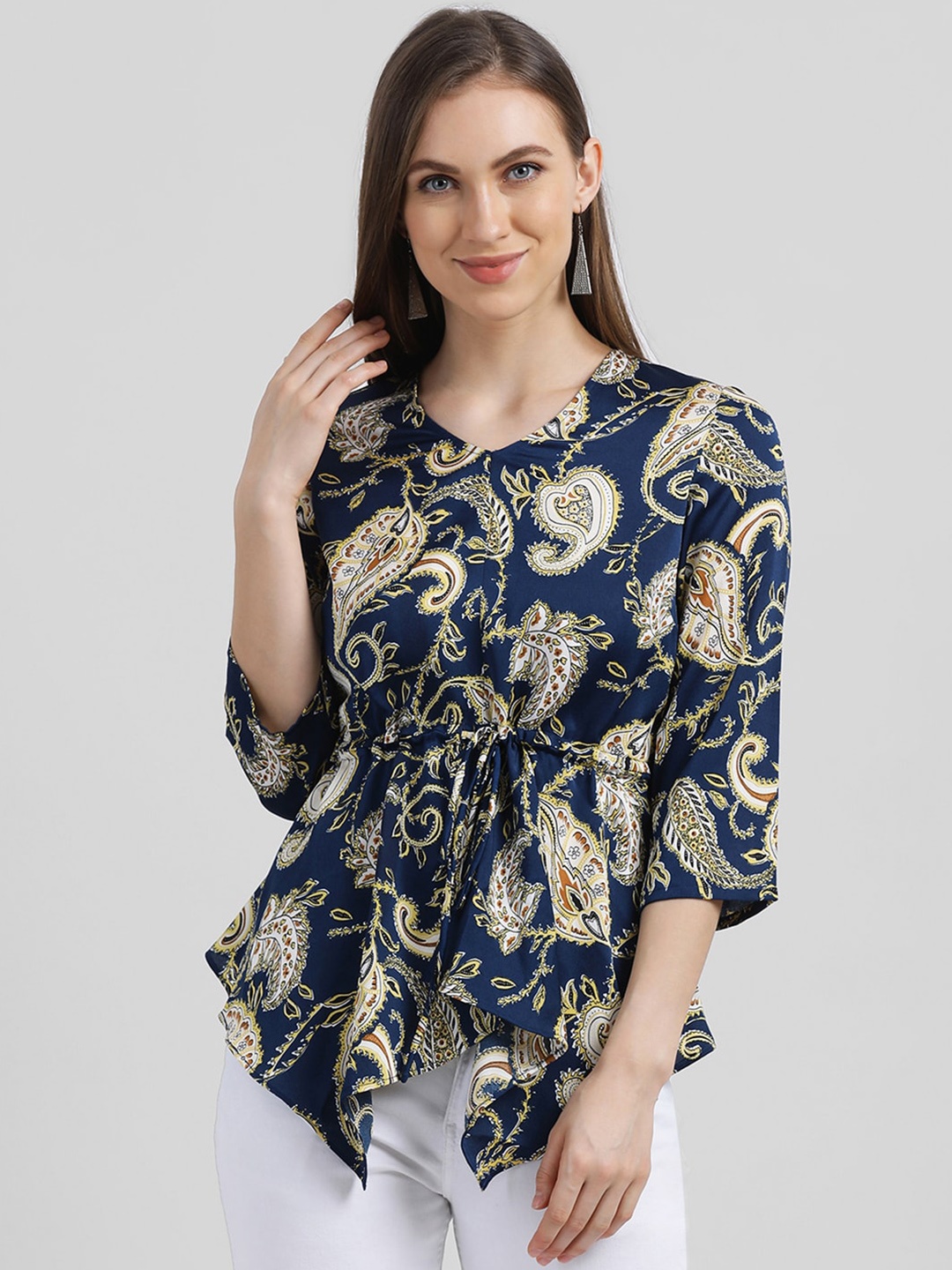 

Zink London Women Blue Printed Cinched Waist Top