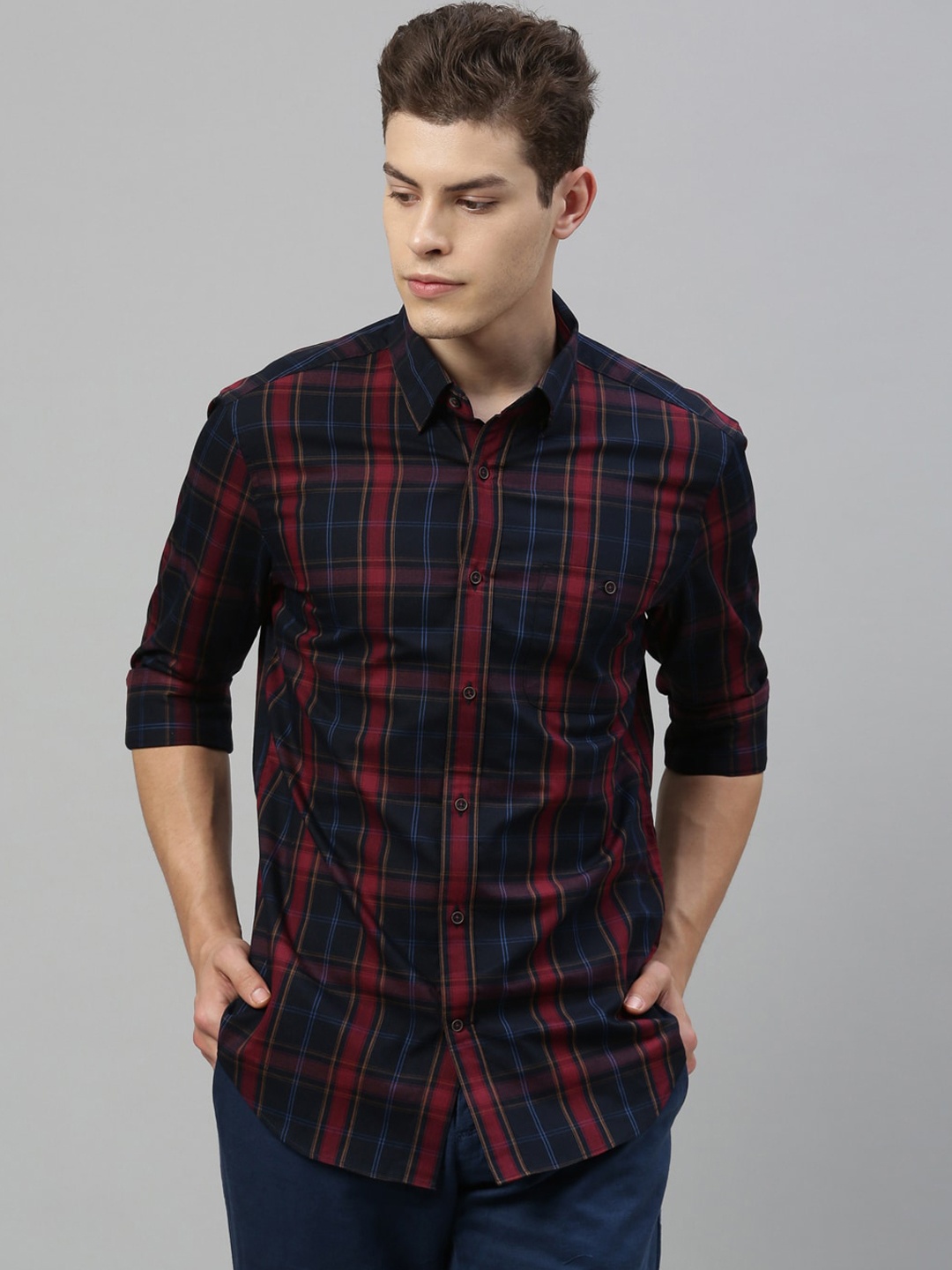 

RARE RABBIT Men Navy Blue Tailored Fit Checked Casual Shirt