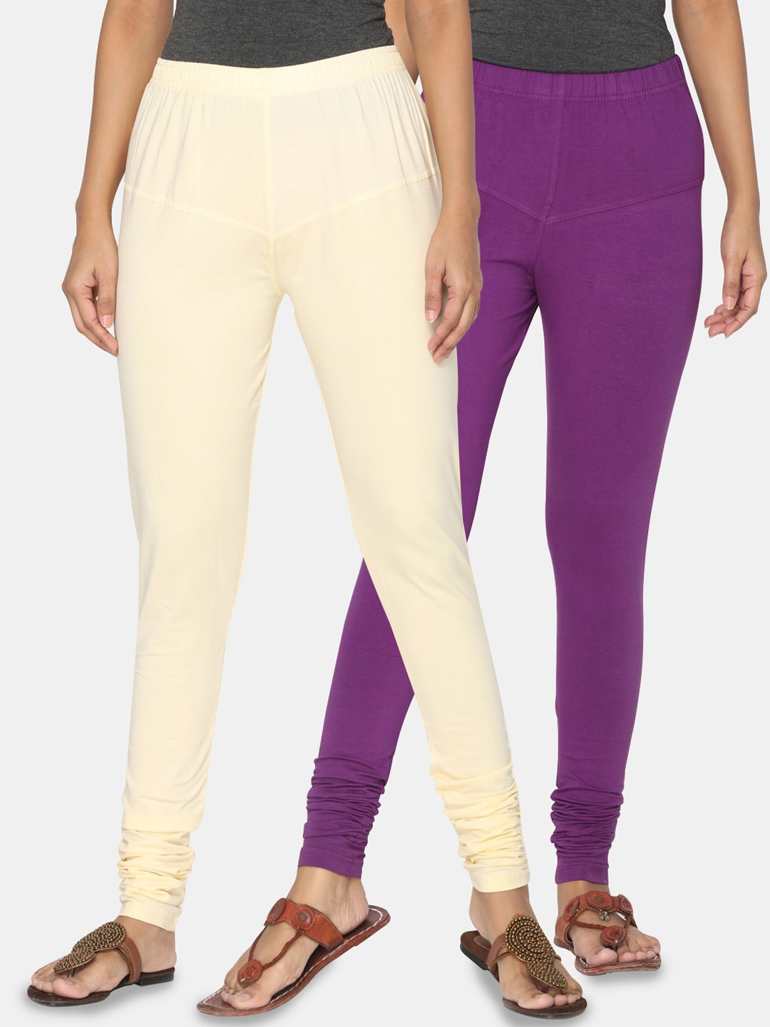 TSG Bliss Women Pack of 2 Solid Churidar Leggings, Cream