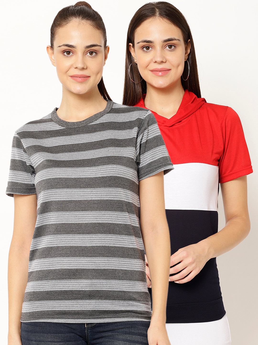 

VIMAL JONNEY Women Multicoloured Striped Round Neck T-shirt, Multi