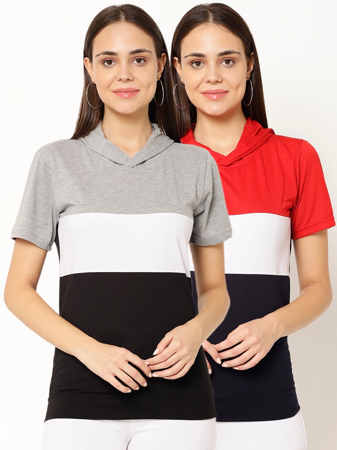 

VIMAL JONNEY Women Pack of 2 Colourblocked Hooded T-shirts, Grey
