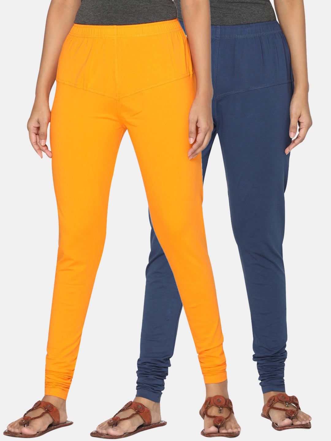 

TSG Bliss Women Pack of 2 Solid Churidar Leggings, Orange