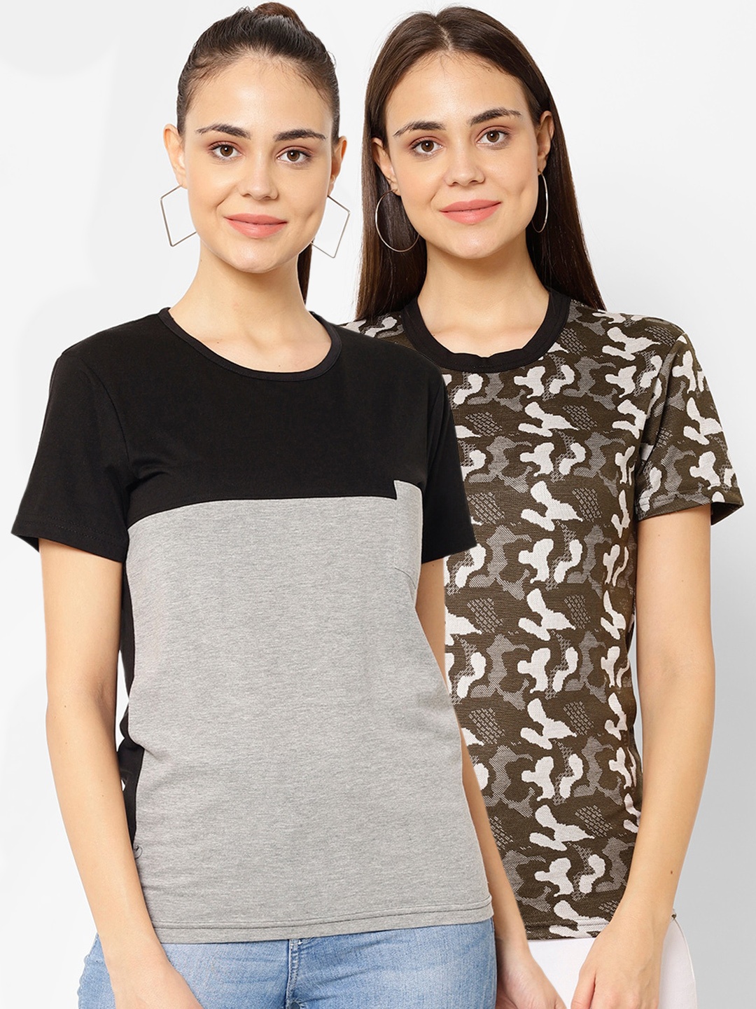 

MACK JONNEY Women Multicoloured Set of 2 Printed Round Neck T-shirt, Multi