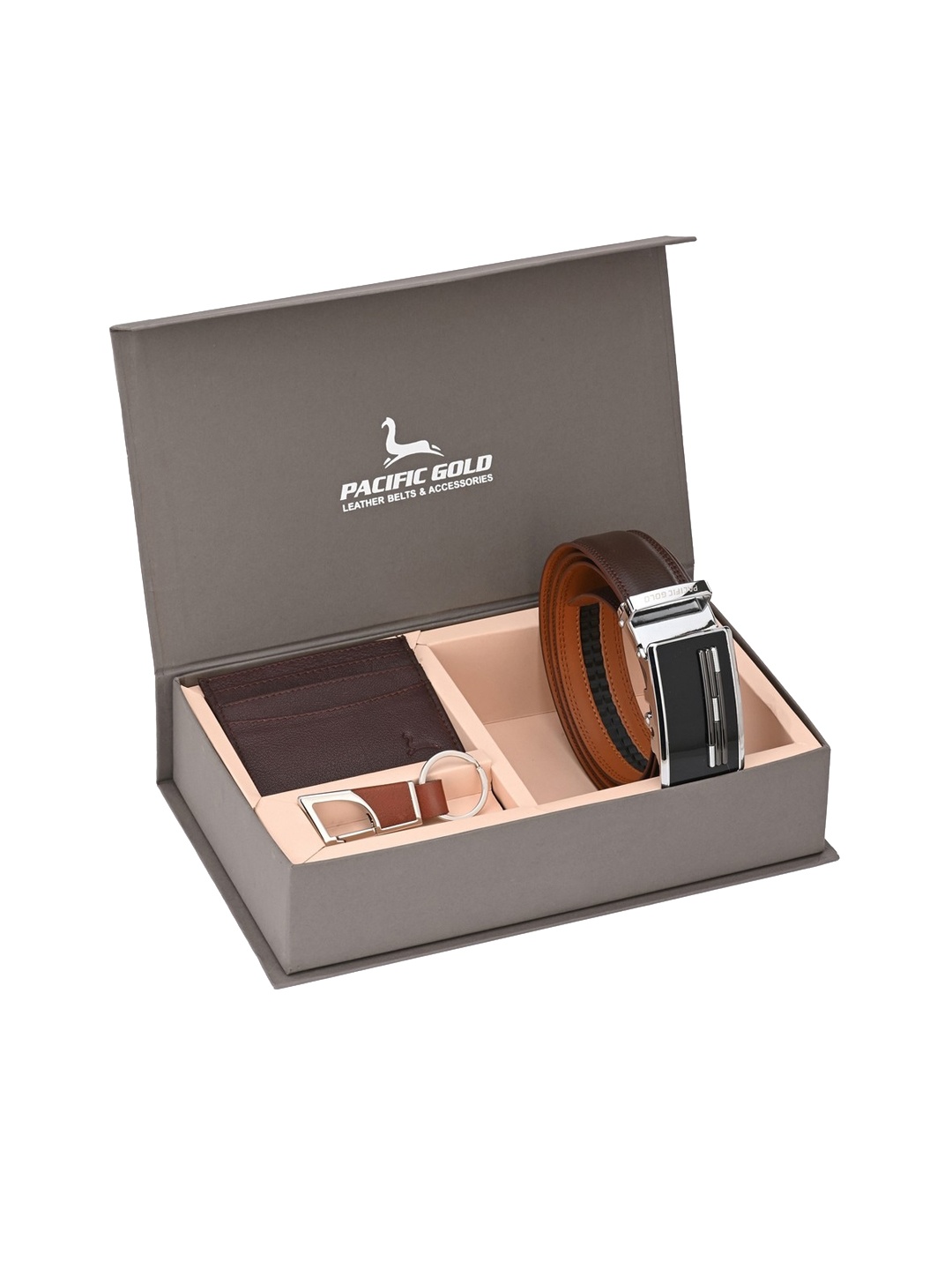 

Pacific Gold Men Brown & Silver-Toned Genuine Leather Accessory Gift Set