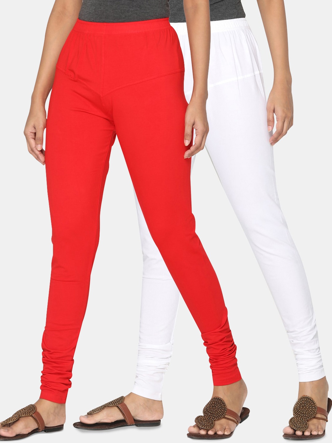 TSG Bliss Women Pack Of 2 Red & White Solid Churidar Leggings