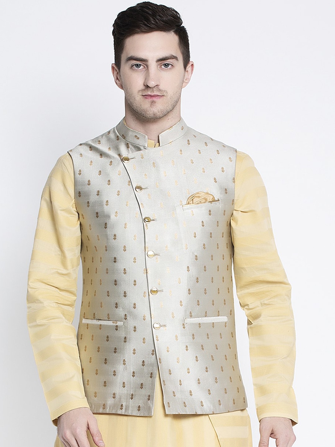 

MAXENCE Men Grey Woven Design Pure Cotton Nehru Jacket