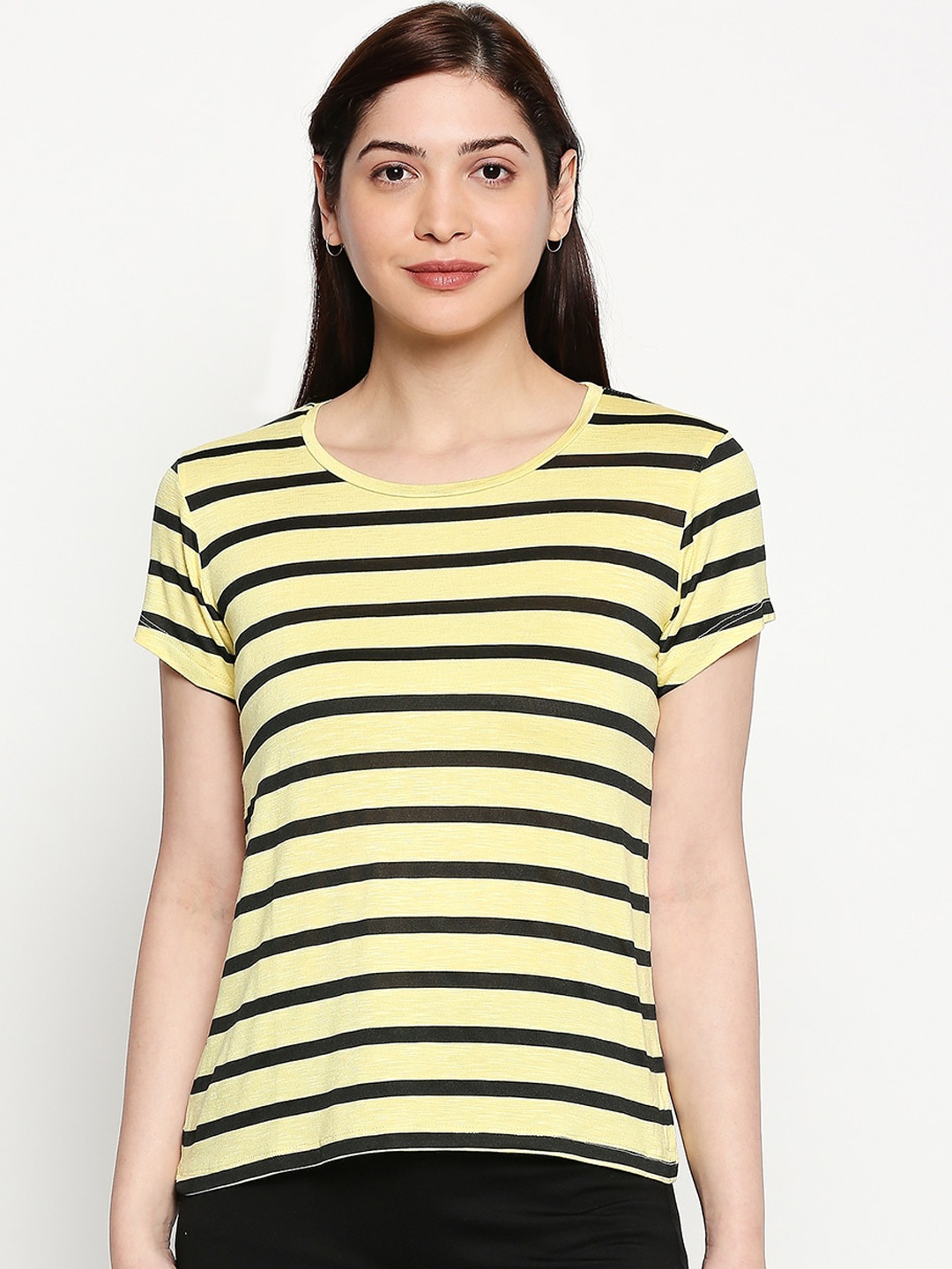 

inocenCia Women Yellow Striped Round Neck T-shirt