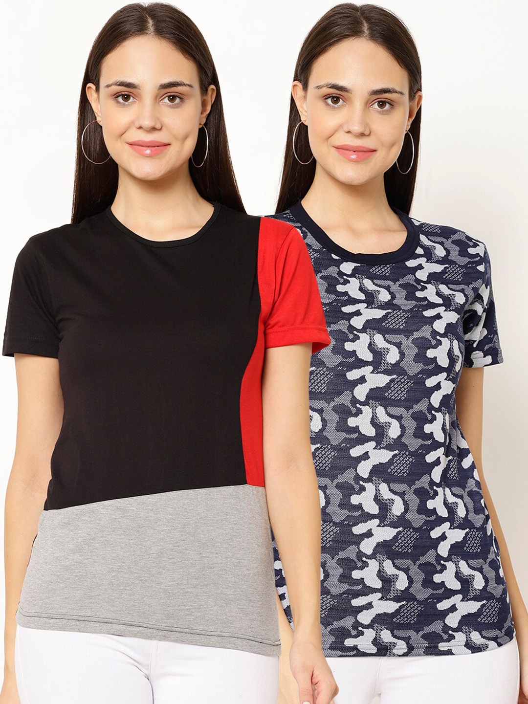 

VIMAL JONNEY Women Multicoloured Solid Round Neck T-shirt, Multi