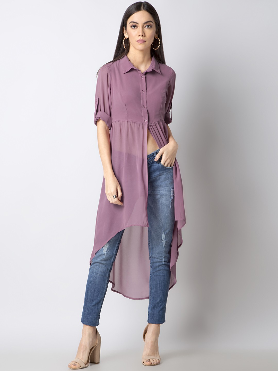 

FabAlley Women Pink Solid Shirt Style High Low Longline Top