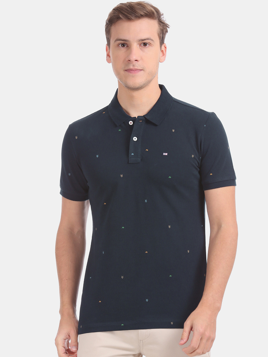 

Arrow Men Navy Blue & White Printed Polo Collar T-shirt