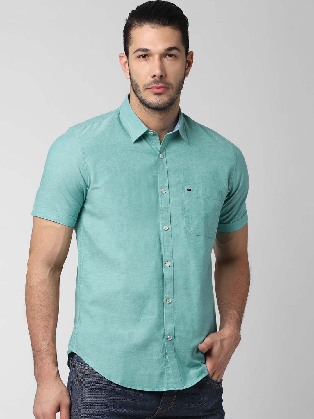 

Peter England Casuals Men Sea Green Slim Fit Self Design Casual Shirt