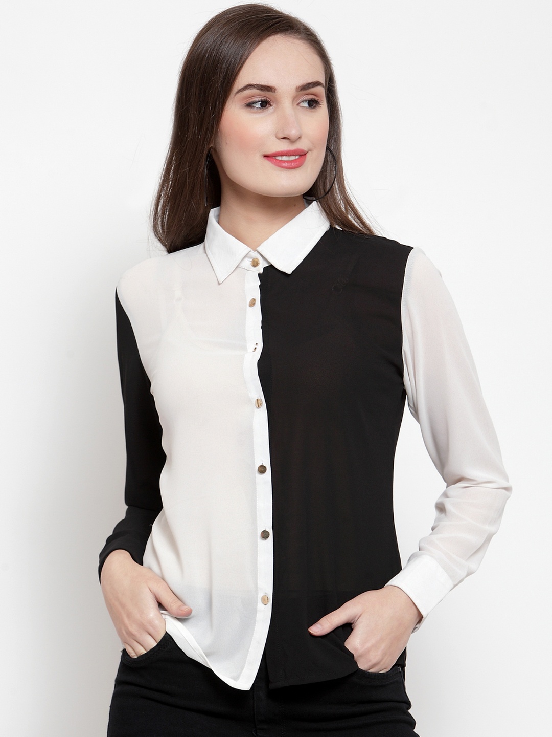 

armure Women Black & White Regular Fit Colourblocked Casual Shirt