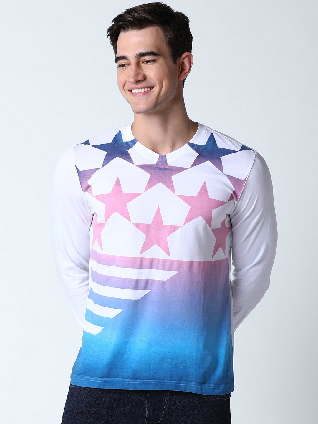 

Huetrap Men White Printed V-Neck T-shirt