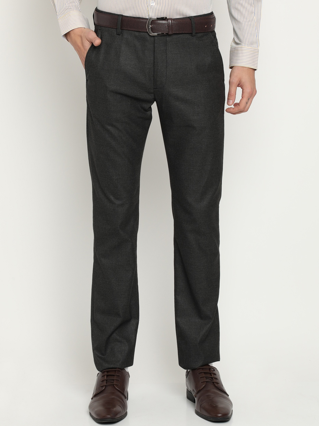 

Crocodile Men Black Classic Slim Fit Checked Formal Trousers