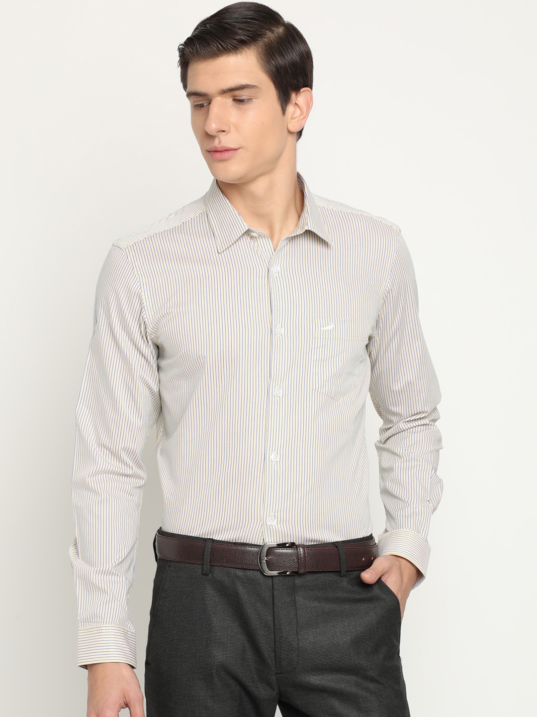 

Crocodile Men Blue & Yellow Classic Slim Fit Striped Formal Shirt