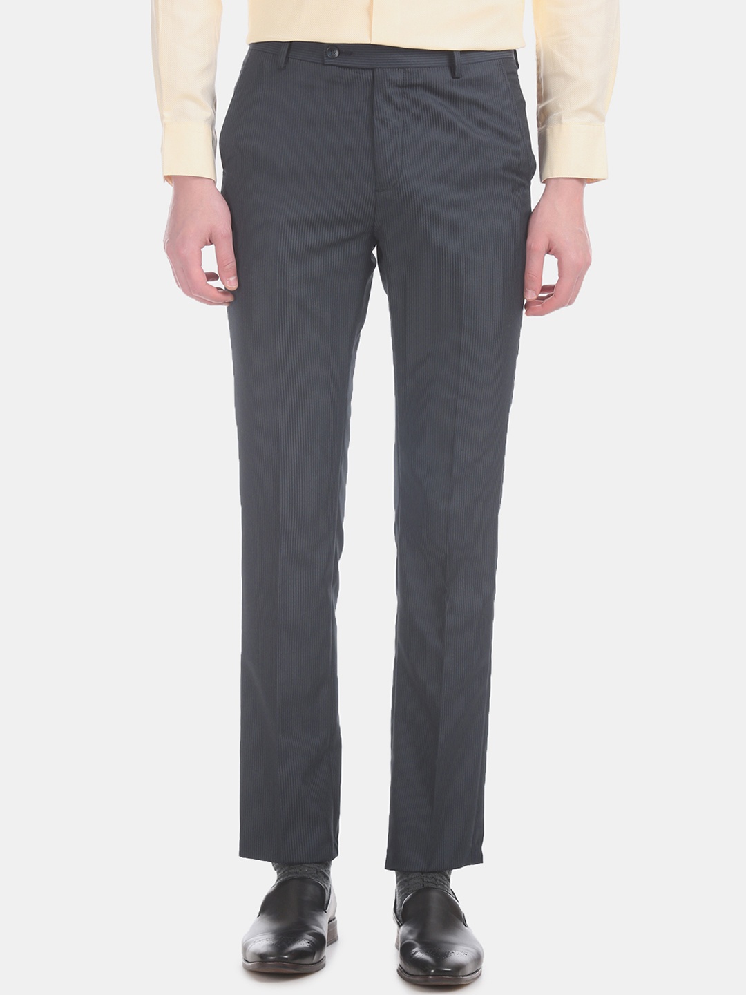 

Arrow Men Navy Blue Tapered Fit Self Design Regular Trousers