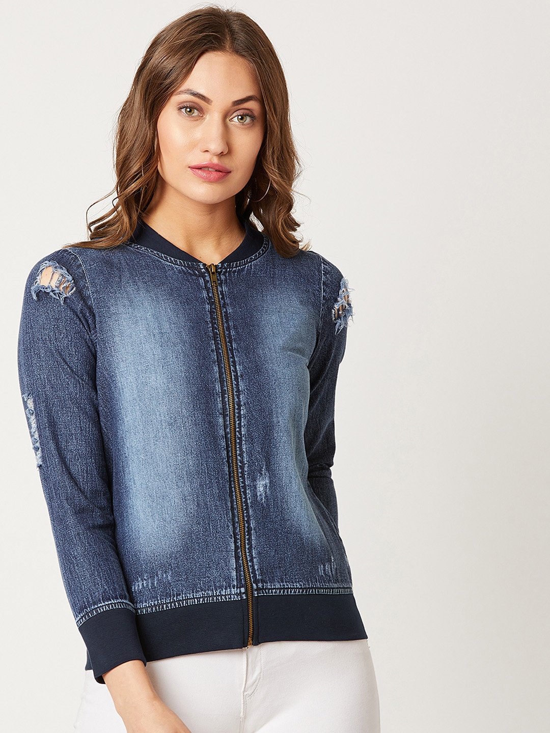 

Miss Chase Women Navy Blue Distressed Denim Jacket