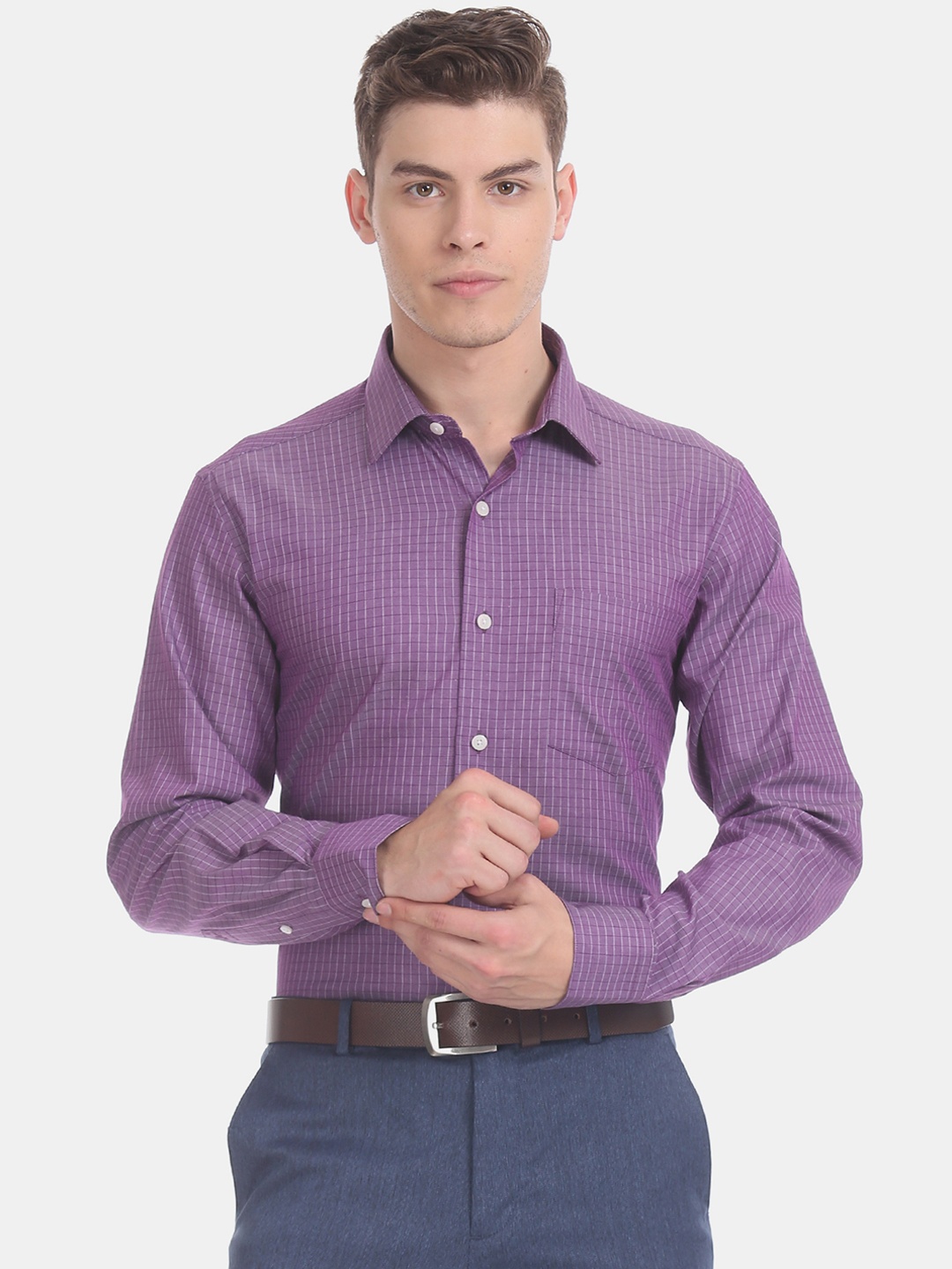 

Arrow Men Purple And White Regular Fit Checked Formal Shirt