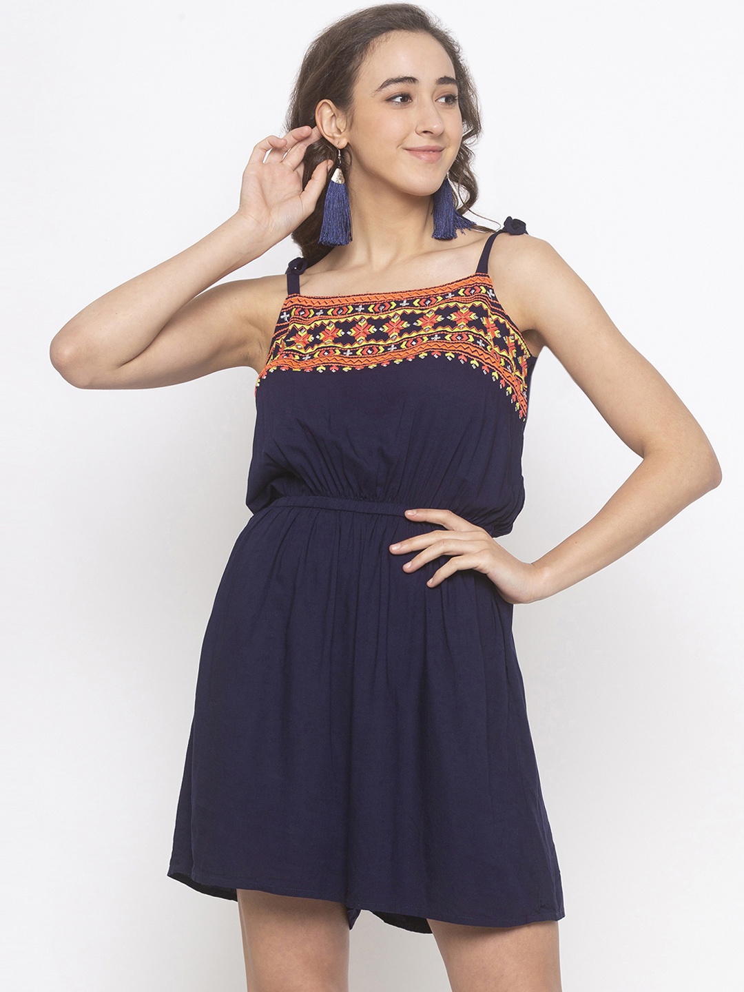 

Globus Women Navy Blue & Orange Self Design Playsuit