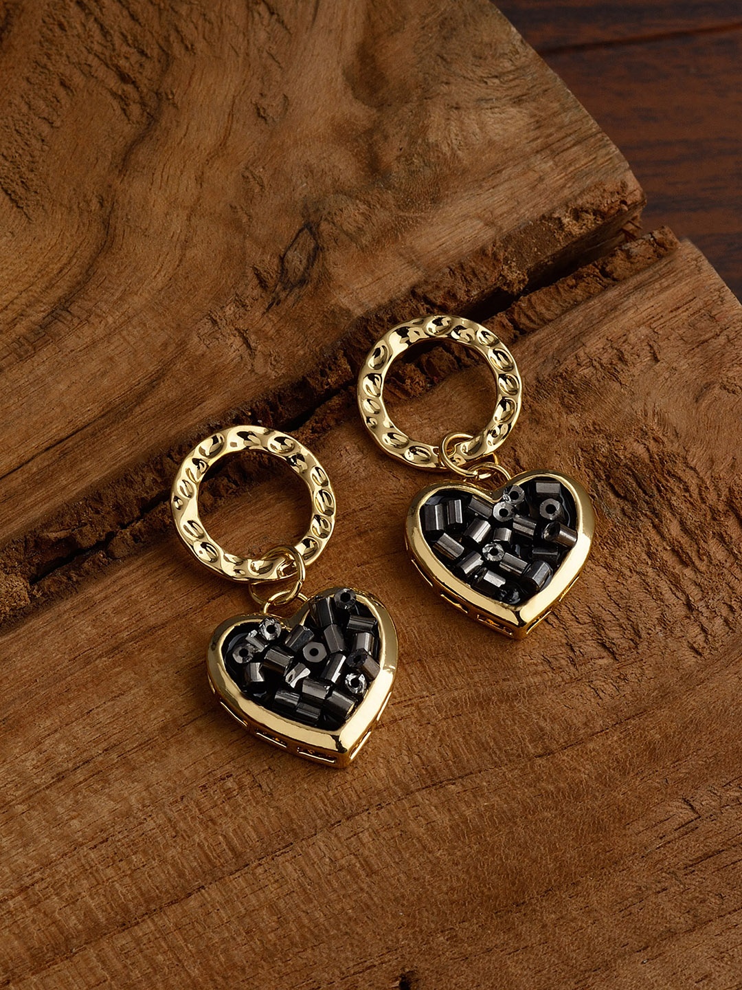 

E2O Black & Gold-Plated Heart Shaped Drop Earrings
