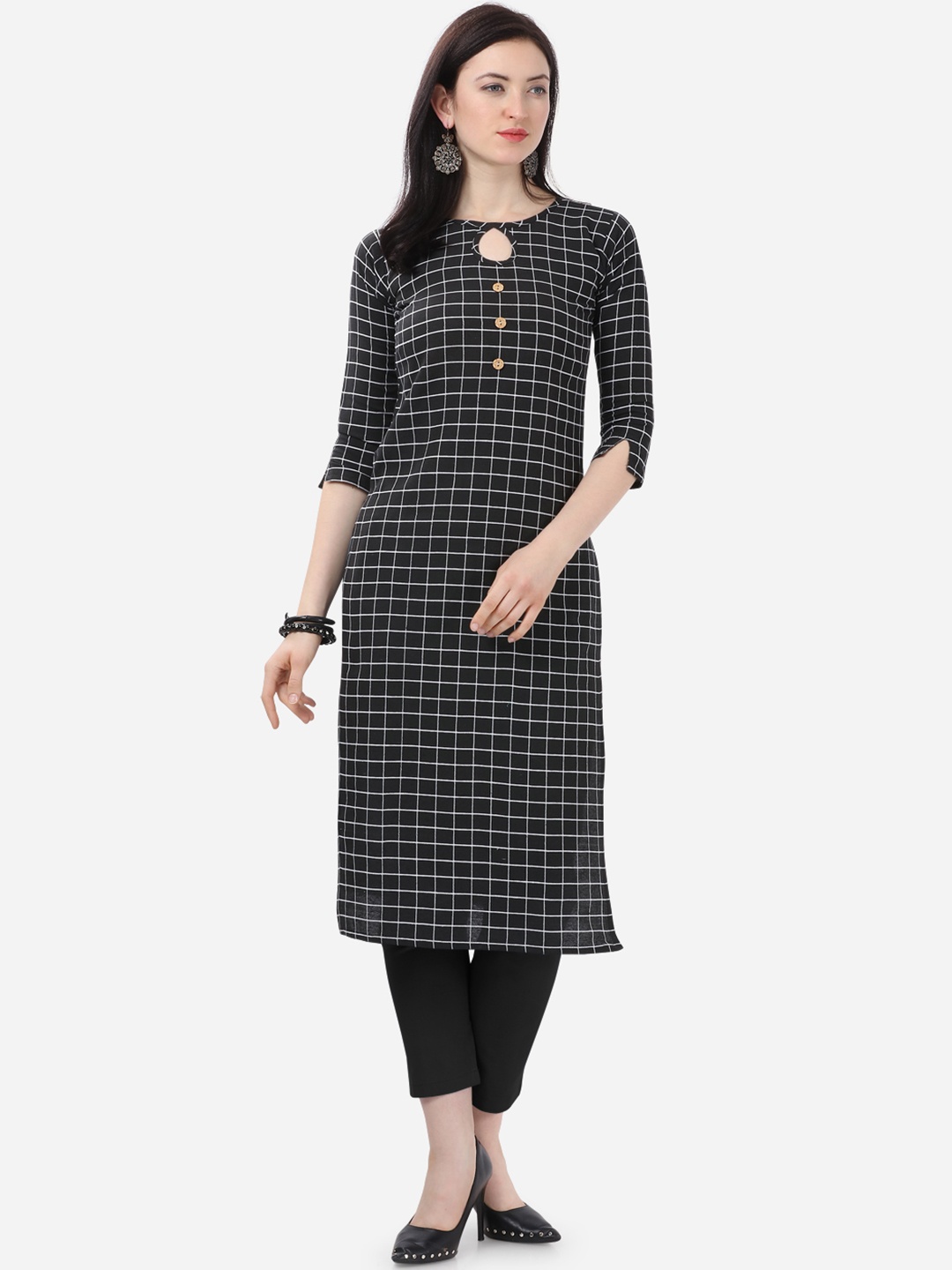 

Kvsfab Women Black & White Checked Straight Kurta