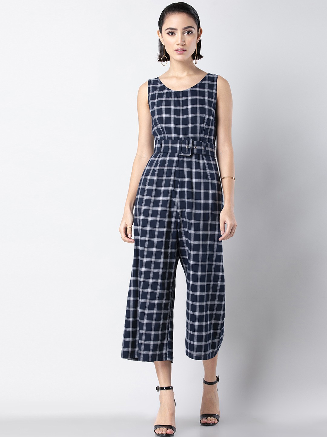 

FabAlley Women Navy Blue & White Checked Basic Jumpsuit