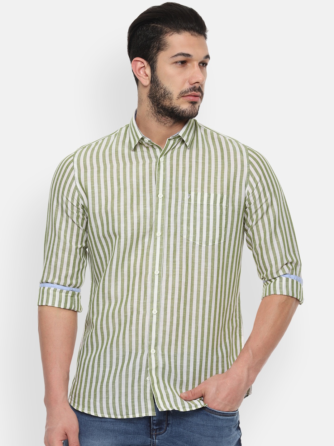 

Van Heusen Sport Men Olive Green & White Slim Fit Striped Casual Shirt