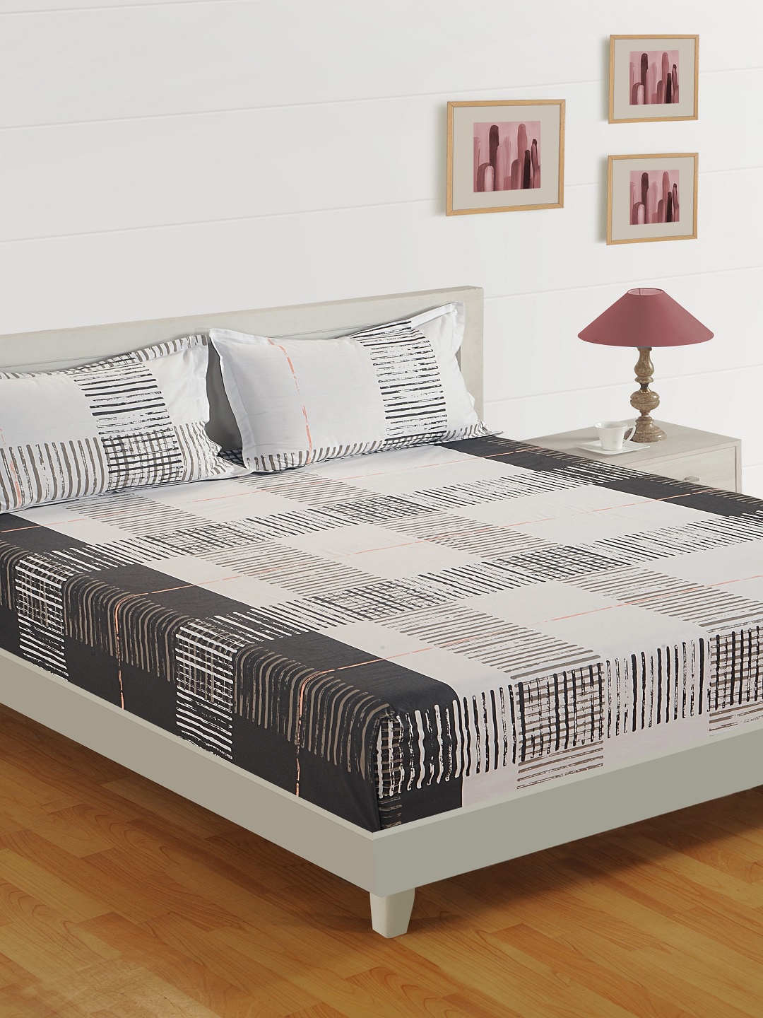 

SWAYAM White & Black Striped 144 TC Cotton 1 Queen Bedsheet with 2 Pillow Covers