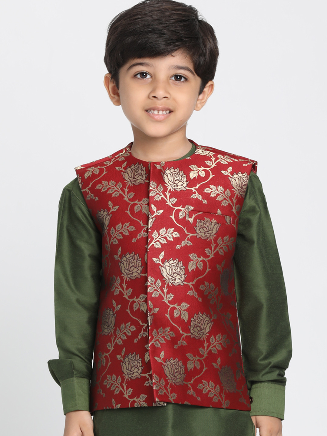

JBN Creation Boys Maroon & Gold-Toned Woven Design Nehru Jacket