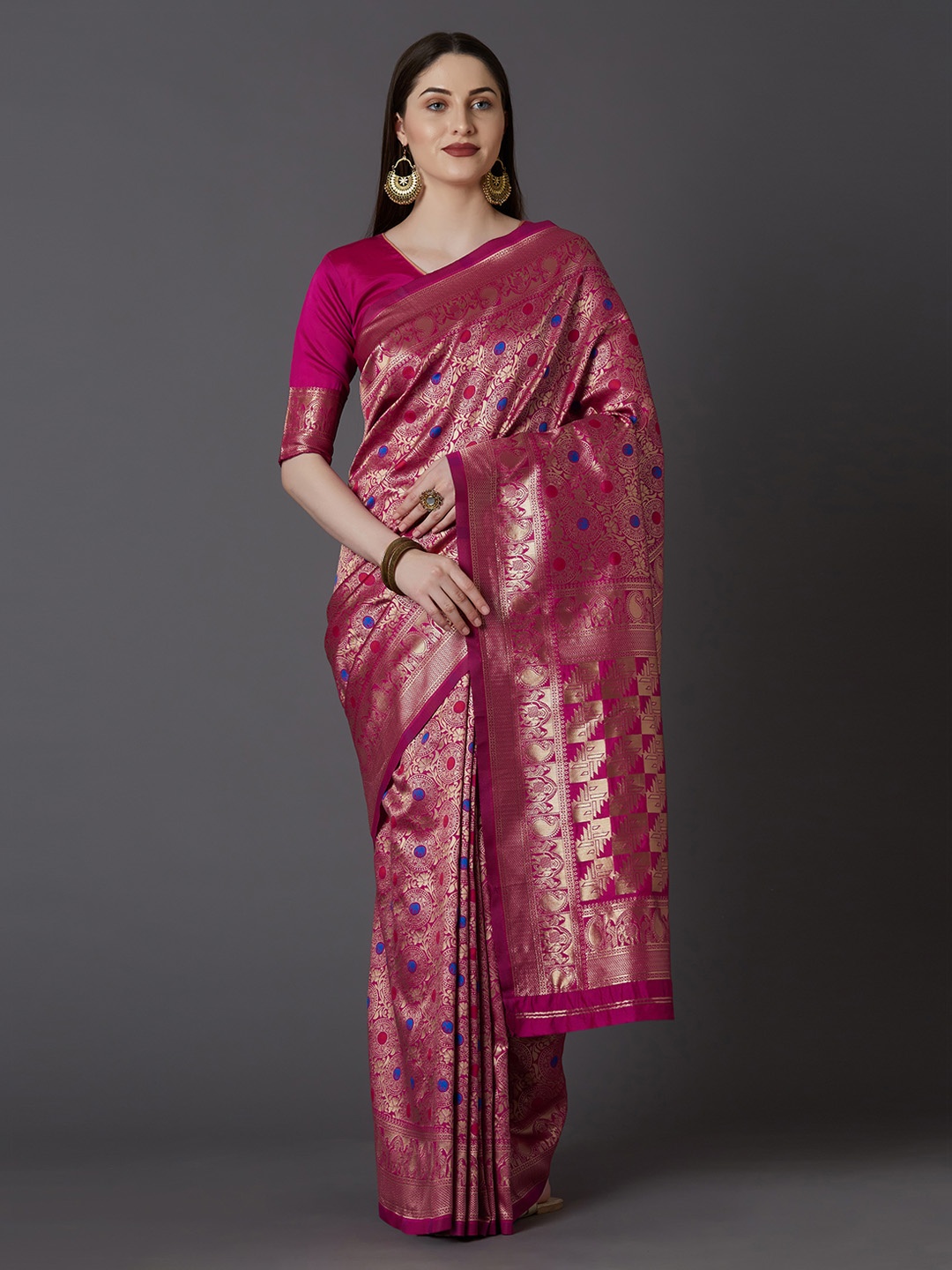 

Mitera Pink Silk Blend Woven Design Kanjeevaram Saree