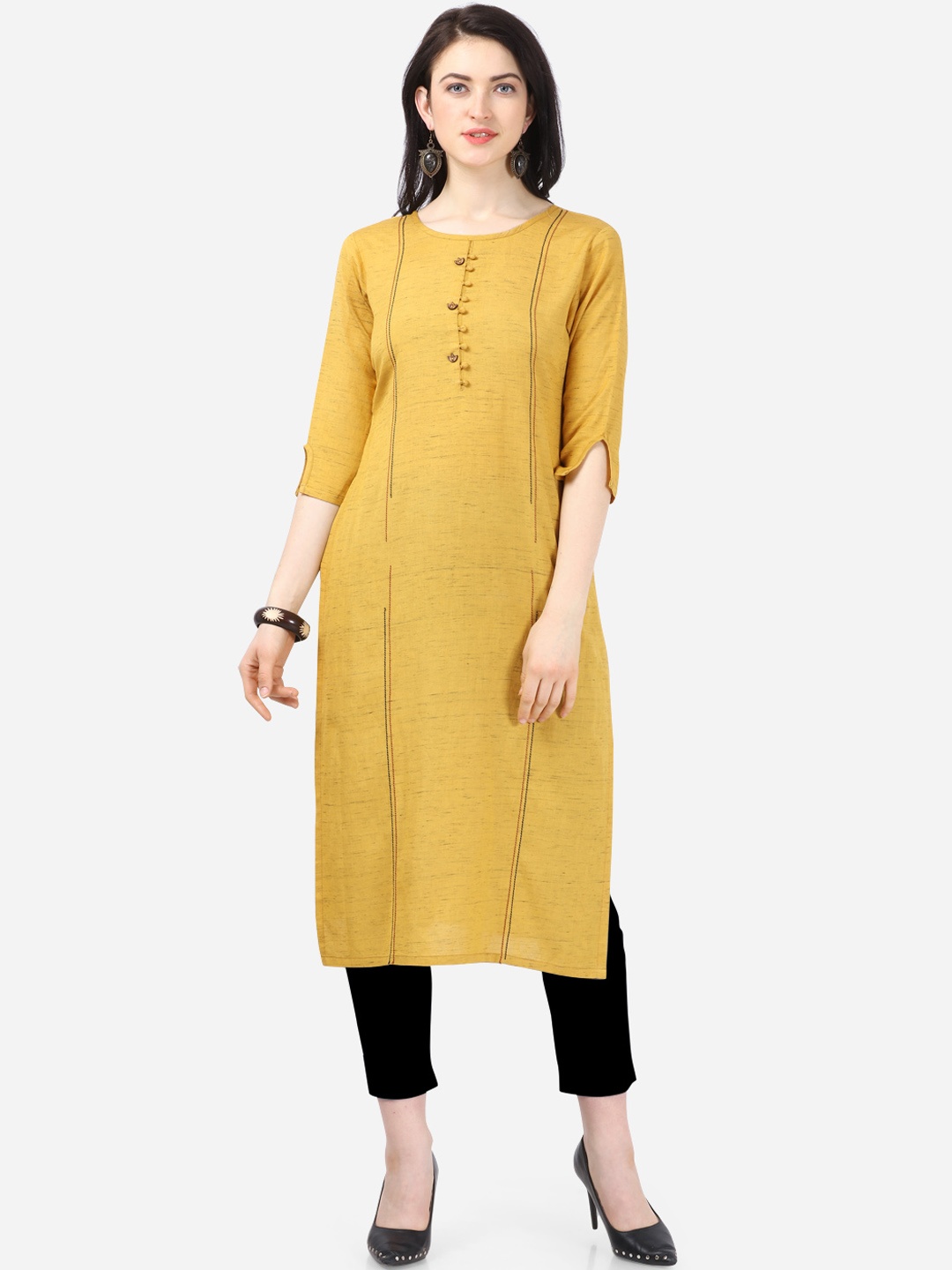 

Kvsfab Women Mustard Yellow Solid Straight Kurta