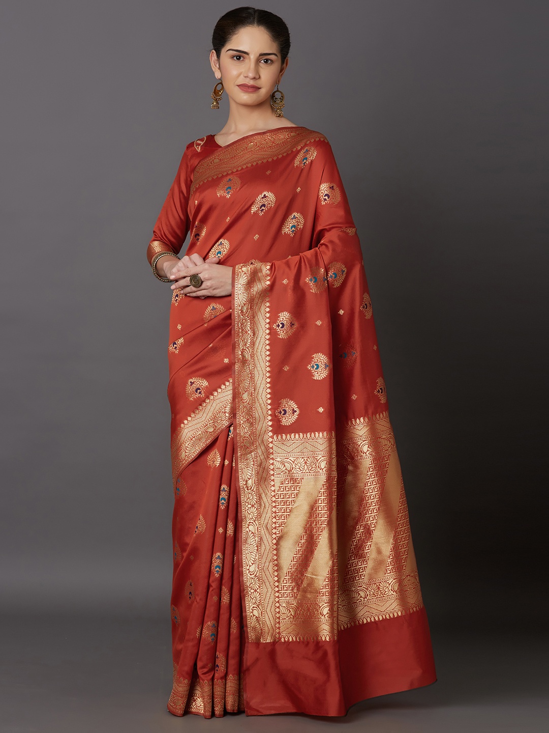 Mitera Orange & Gold-Toned Silk Blend Woven Design Kanjeevaram Saree